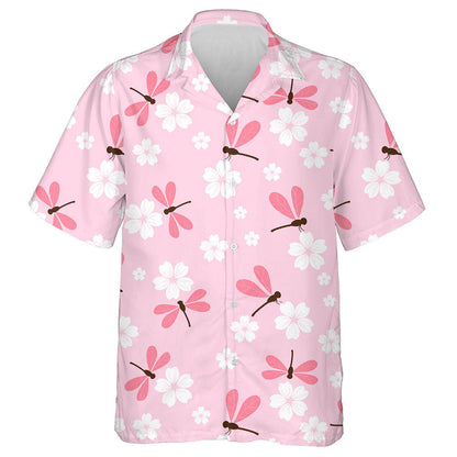 Bright Flying Dragonfly And White Sakura Flower Hawaiian Shirt, Hawaiian Shirt Gift, Christmas Gift