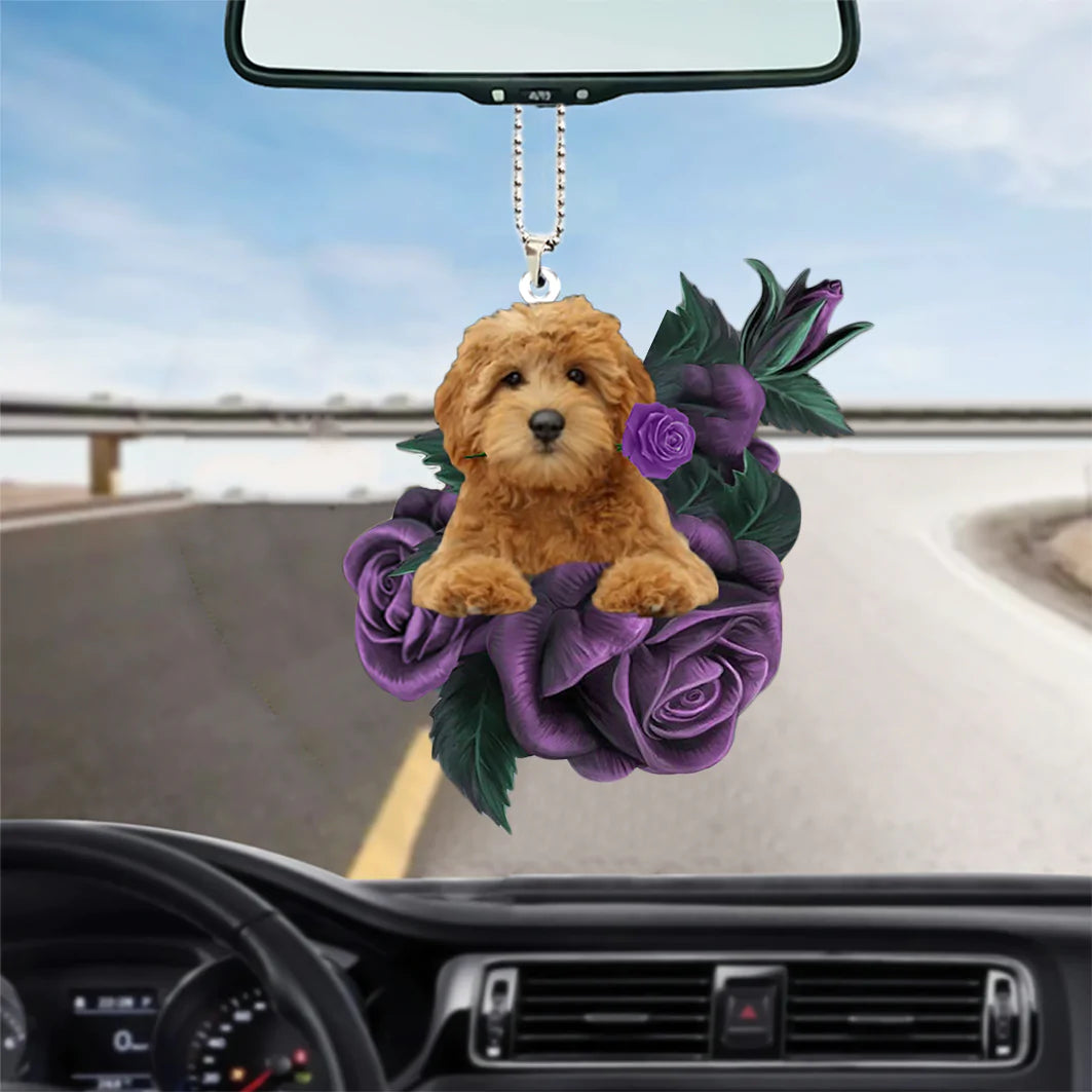 Goldendoodle In Purple Rose Car Hanging Ornament, Cute Dog Car Hanging Accessories, Christmas Decoration