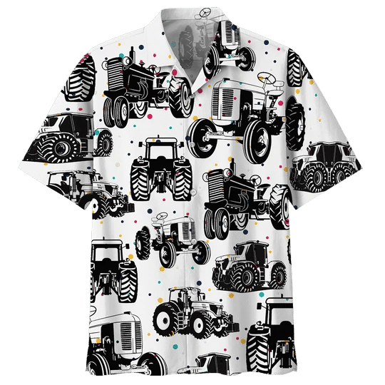 Black And White Tractor Background Design Hawaiian Shirt, Hawaiian For Gift