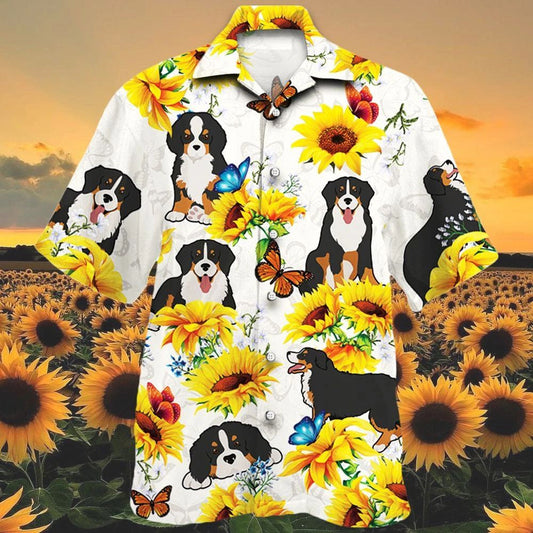 Is breá le Madra Sléibhe Bernese Bláth na Gréine Téama Bán Léine Haváís, Bronntanas Léine Haváíais, Bronntanas Nollag