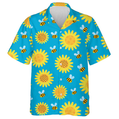 Flying Cartoon Bees And Flowers On Blue Hawaiian Shirt, Hawaiian Shirt Gift, Christmas Gift