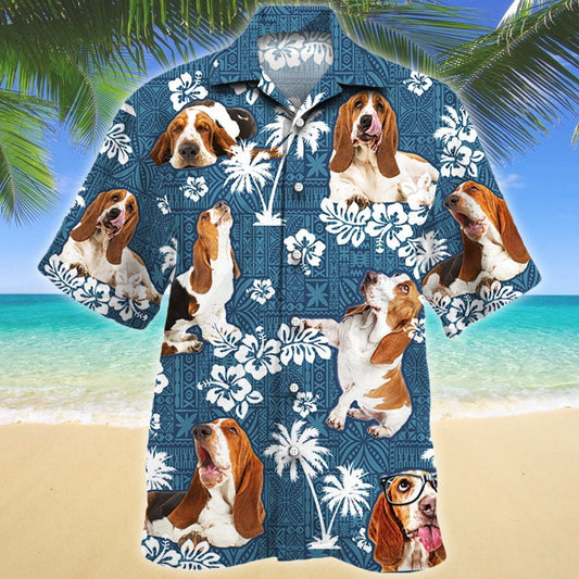 Stíl Suimiúil Basset Cú Madraí Patrún Gorm Treibhe Léine Haváís, Bronntanas Léine Haváí, Bronntanas Nollag