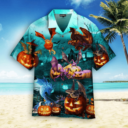 Dragon Are Playing On Halloween Day Dramatic Hawaiian Shirt, Hawaiian Shirt Gift, Christmas Gift