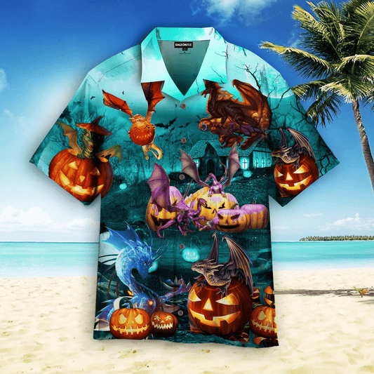 Dragon Are Playing On Halloween Day Dramatic Hawaiian Shirt, Hawaiian Shirt Gift, Christmas Gift