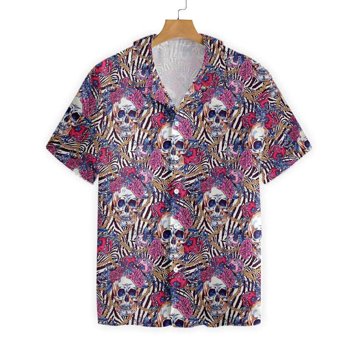 Skull With Roses On Zebra Background Pattern Hawaiian Shirt, Hawaiian Shirt Gift, Christmas Gift