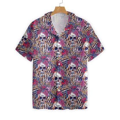 Skull With Roses On Zebra Background Pattern Hawaiian Shirt, Hawaiian Shirt Gift, Christmas Gift