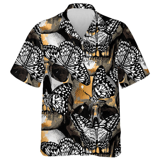 Téama an Earraigh Skulls Óir Agus Airgid Le Féileacáin Coimhthíocha Léine Haváís, Bronntanas Léine Haváís, Bronntanas Nollag