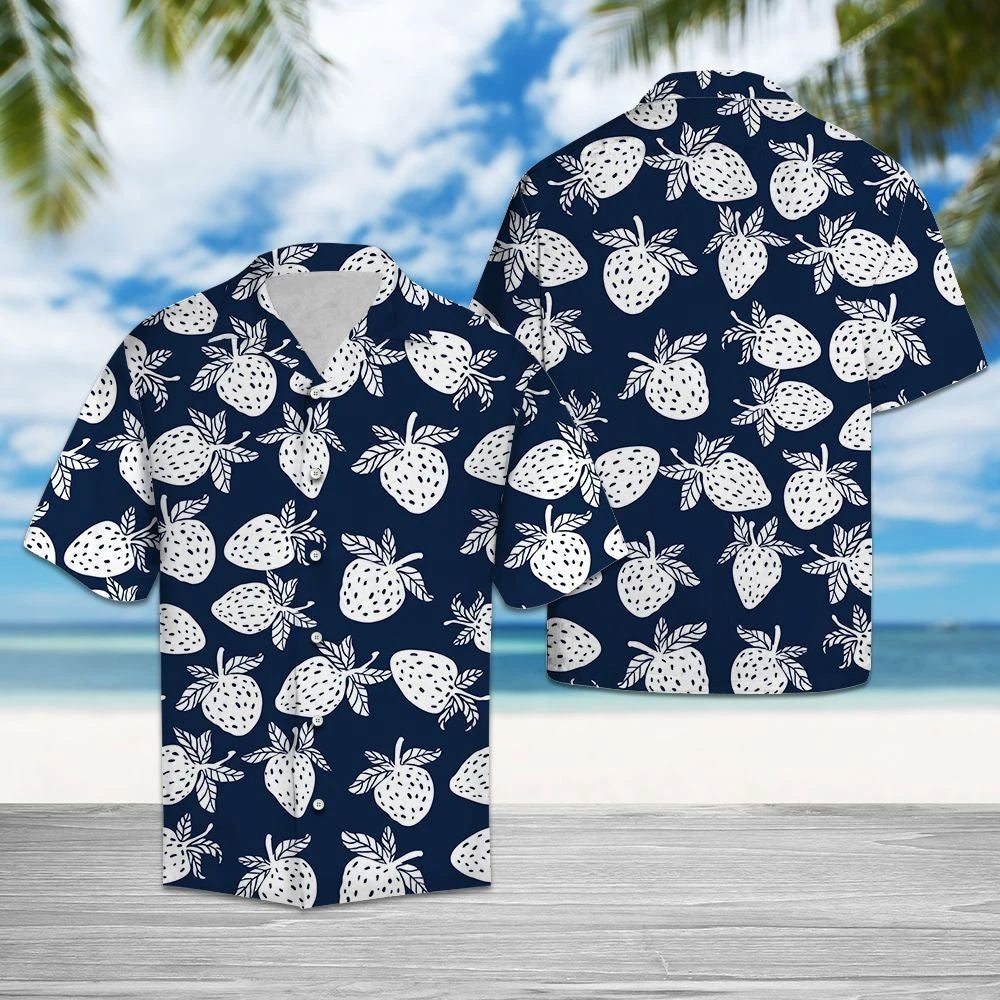 Drawing White And Navy Strawberry Tropical Hawaiian Shirt,Hawaiian Shirt Gift, Christmas Gift