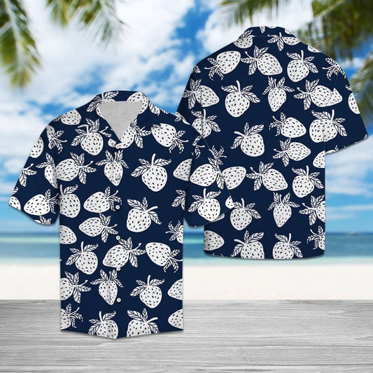 Drawing White And Navy Strawberry Tropical Hawaiian Shirt,Hawaiian Shirt Gift, Christmas Gift