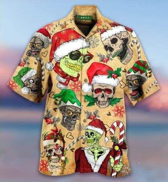 Funny Smiling Skull In Santa Hat Christmas Design Hawaiian Shirt, Hawaiian Shirt Gift, Christmas Gift.