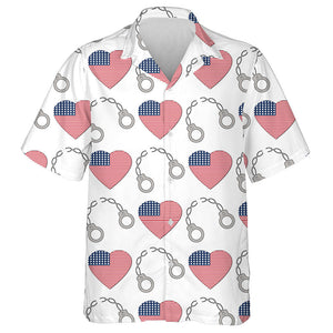 USA Flags In Form Of Hearts And A Broken Handcuff Hawaiian Shirt, Hawaiian Shirt Gift, Christmas Gift