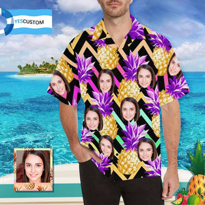 Custom Face Golden Pineapple Men's All Over Print Hawaiian Shirt, Hawaiian Shirt Gift, Christmas Gift