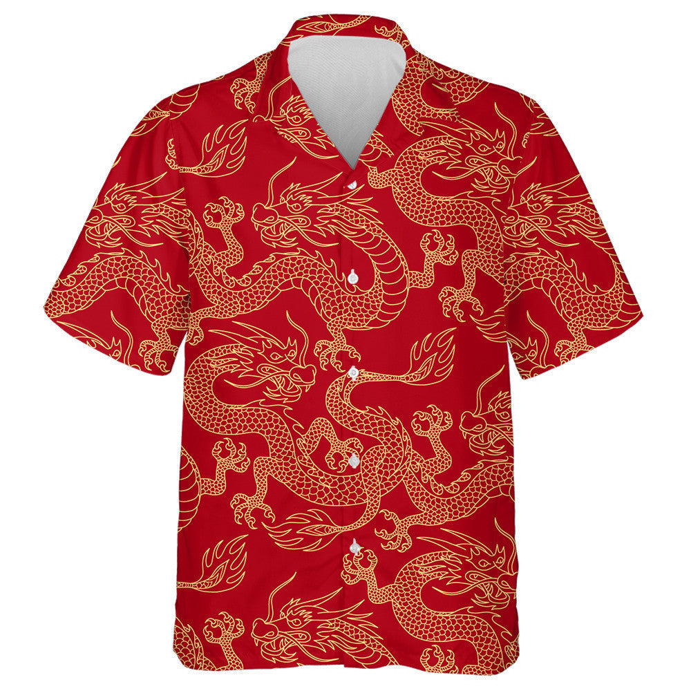 Chinese Dragon Fighting Outline Gold On Red Hawaiian Shirt, Hawaiian Shirt Gift, Christmas Gift