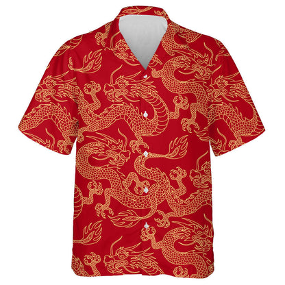 Chinese Dragon Fighting Outline Gold On Red Hawaiian Shirt, Hawaiian Shirt Gift, Christmas Gift