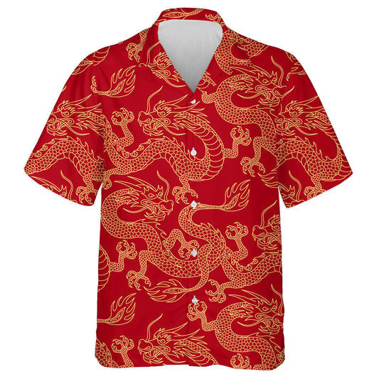 Chinese Dragon Fighting Outline Gold On Red Hawaiian Shirt, Hawaiian Shirt Gift, Christmas Gift