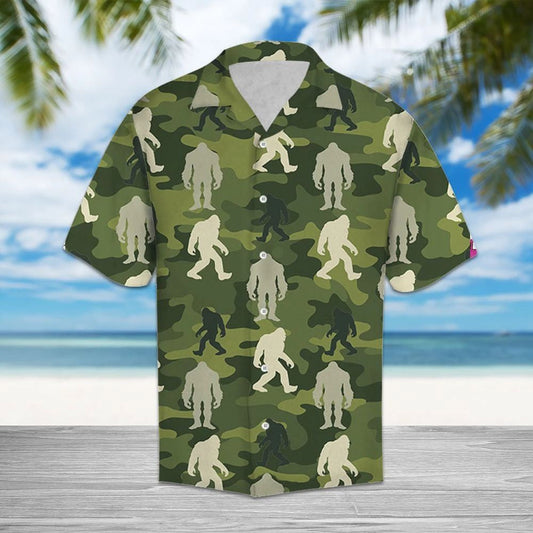 Drawing Bigfoot On Green Camo Military Hawaiian Shirt,Hawaiian Shirt Gift, Christmas Gift
