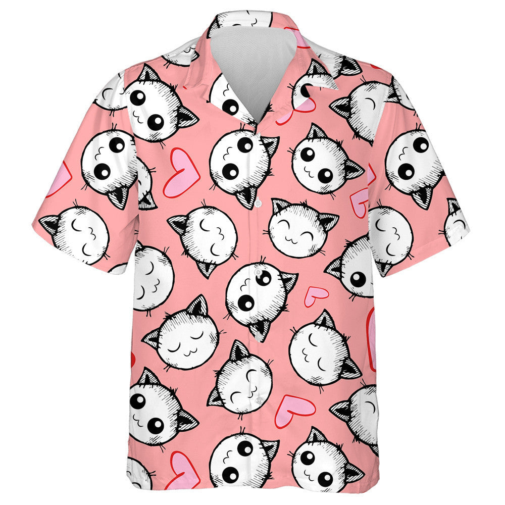 Smiling Cats And Hearts Pink Background Hawaiian Shirt,Hawaiian Shirt Gift, Christmas Gift
