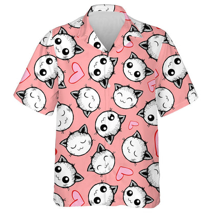 Smiling Cats And Hearts Pink Background Hawaiian Shirt,Hawaiian Shirt Gift, Christmas Gift