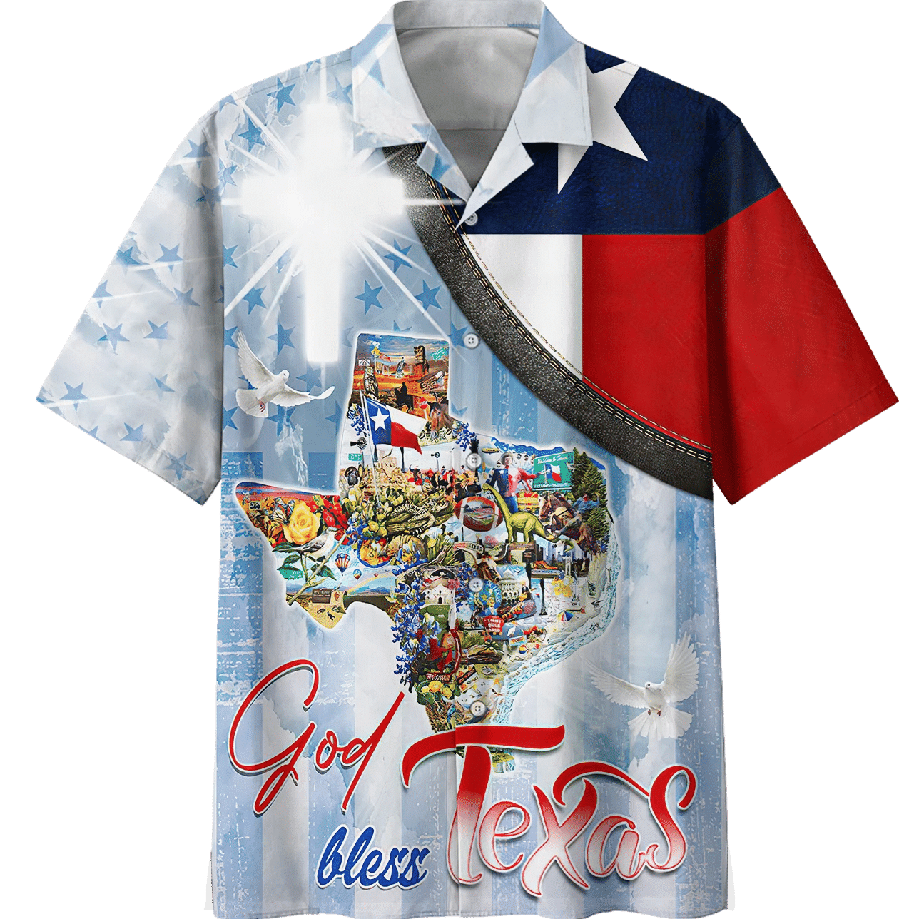 God Bless Texas White And Blue Theme Hawaiian Shirt, Hawaiian Shirt Gift, Christmas Gift