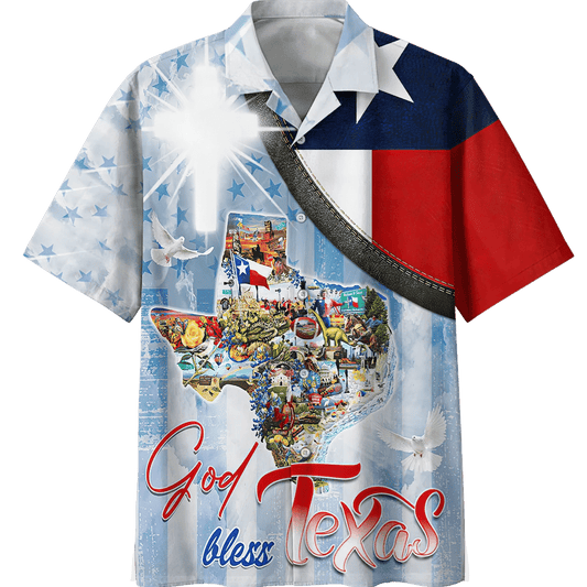 God Bless Texas White And Blue Theme Hawaiian Shirt, Hawaiian Shirt Gift, Christmas Gift