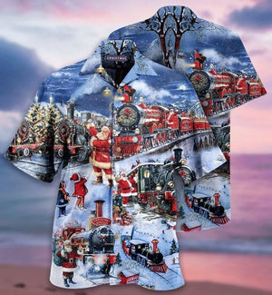 Train To Christmas With Santa And Children Pattern Hawaiian Shirt, Hawaiian Shirt Gift, Christmas Gift