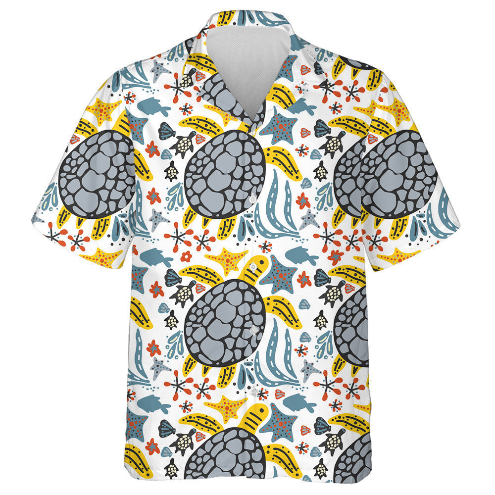 Sealife Striped Background Cute Turtle Cartoon Hawaiian Shirt, Hawaiian Shirt Gift, Christmas Gift