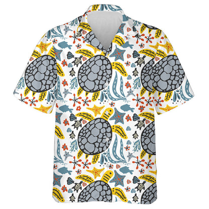 Sealife Striped Background Cute Turtle Cartoon Hawaiian Shirt, Hawaiian Shirt Gift, Christmas Gift