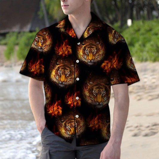 Flame And Tiger Faces In Black Hawaiian Shirt,Hawaiian Shirt Gift, Christmas Gift