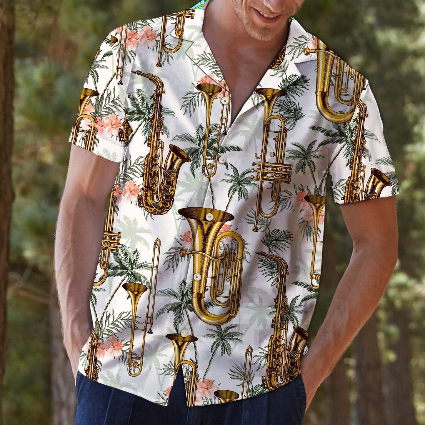 Golden Saxophone With Palm Trees In White Hawaiian Shirt, Hawaiian Shirt Gift, Christmas Gift