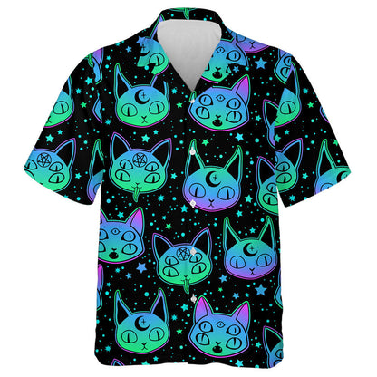 Cute Cartoon Witchcraft Cat Head And Star Hawaiian Shirt, Hawaiian Shirt Gift, Christmas Gift