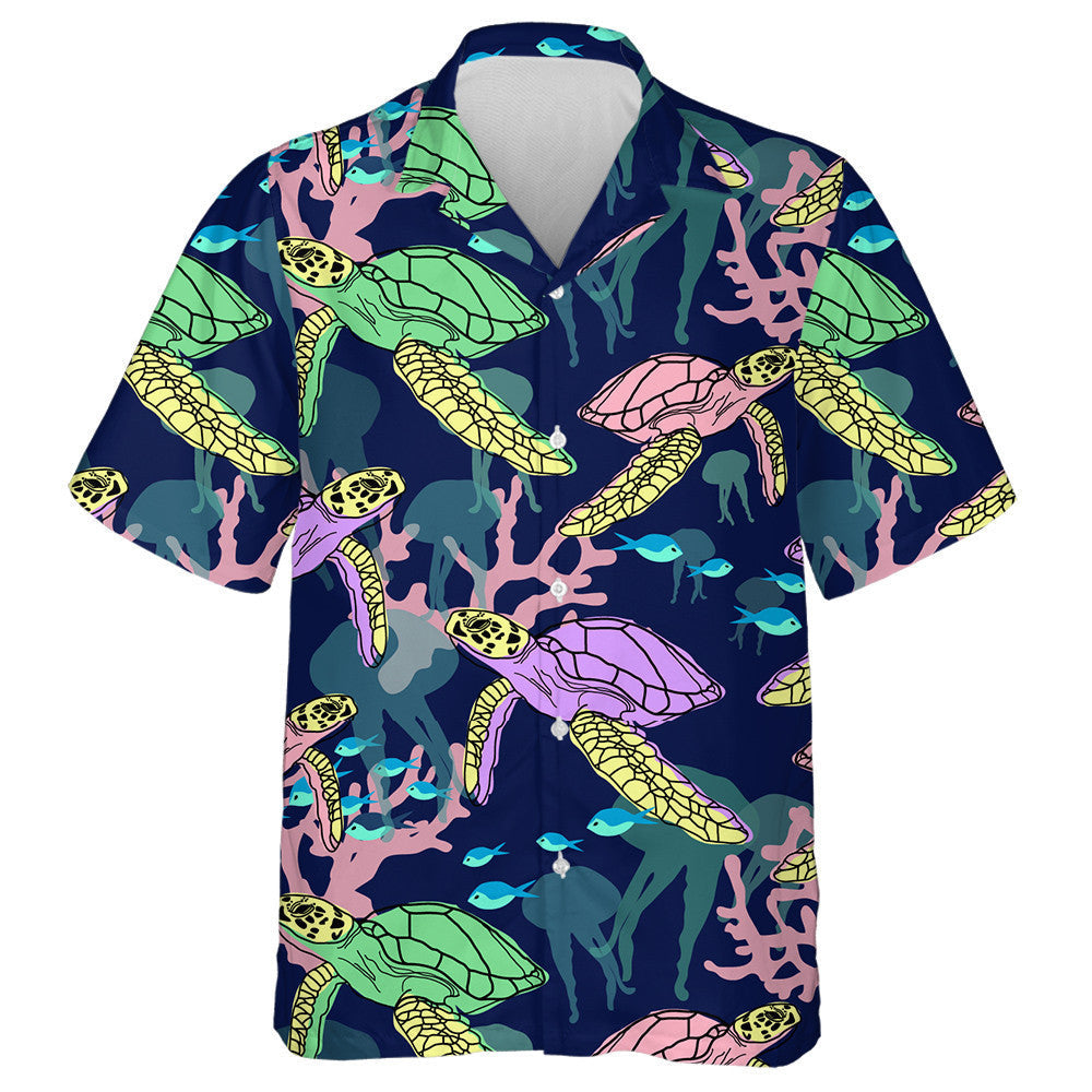 Exotic Marine Neon Turtle And Coral Illustration Hawaiian Shirt, Hawaiian Shirt Gift, Christmas Gift