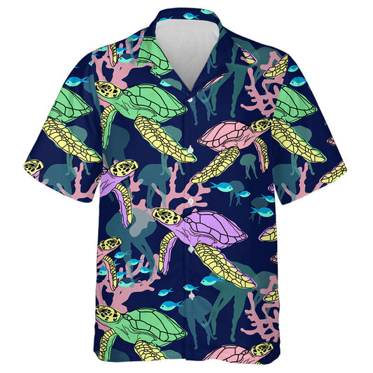 Exotic Marine Neon Turtle And Coral Illustration Hawaiian Shirt, Hawaiian Shirt Gift, Christmas Gift