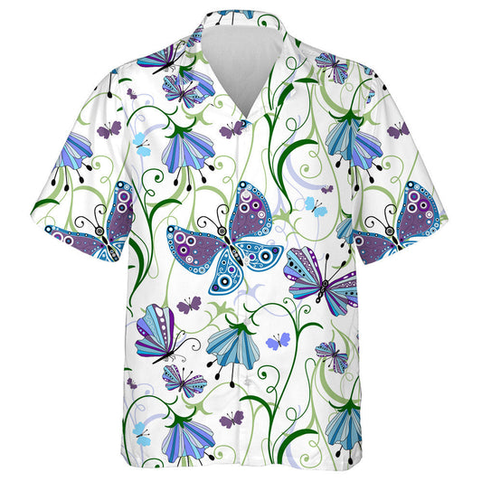 Hand Drawn Blue Violet Flowers And Butterflies Hawaiian Shirt, Hawaiian Shirt Gift, Christmas Gift