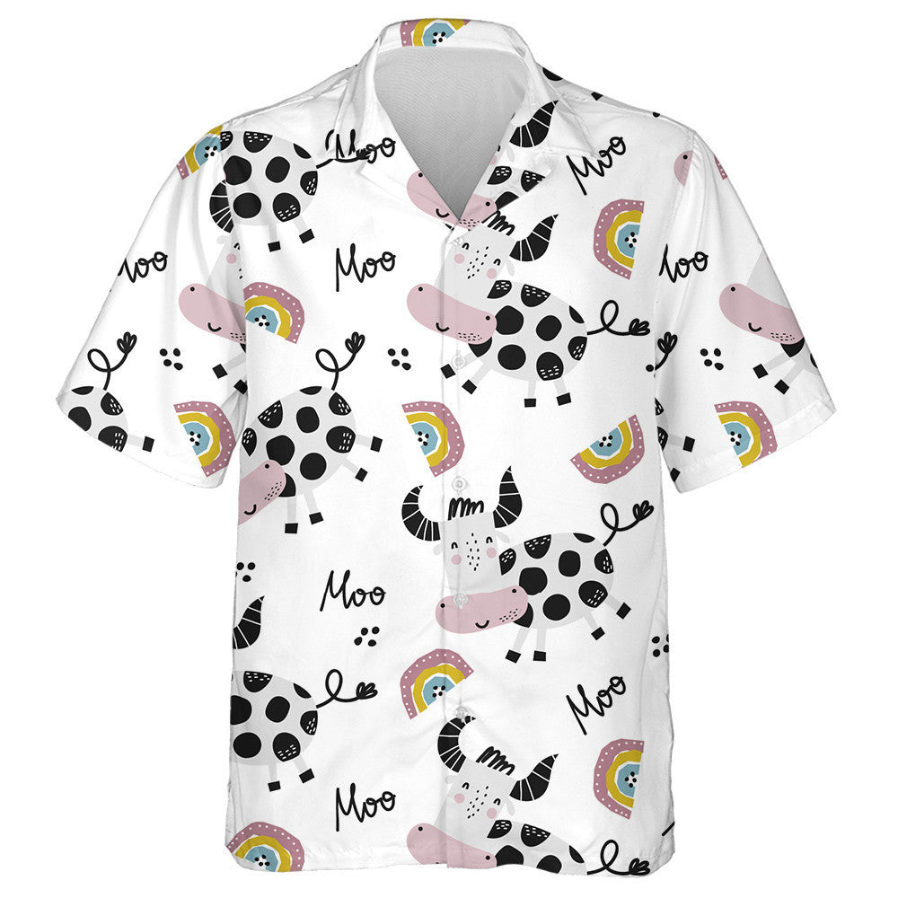 Cartoon Cow And Rainbows On White Hawaiian Shirt, Hawaiian For Gift