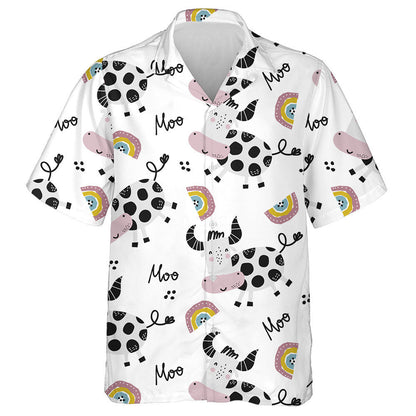 Cartoon Cow And Rainbows On White Hawaiian Shirt, Hawaiian For Gift