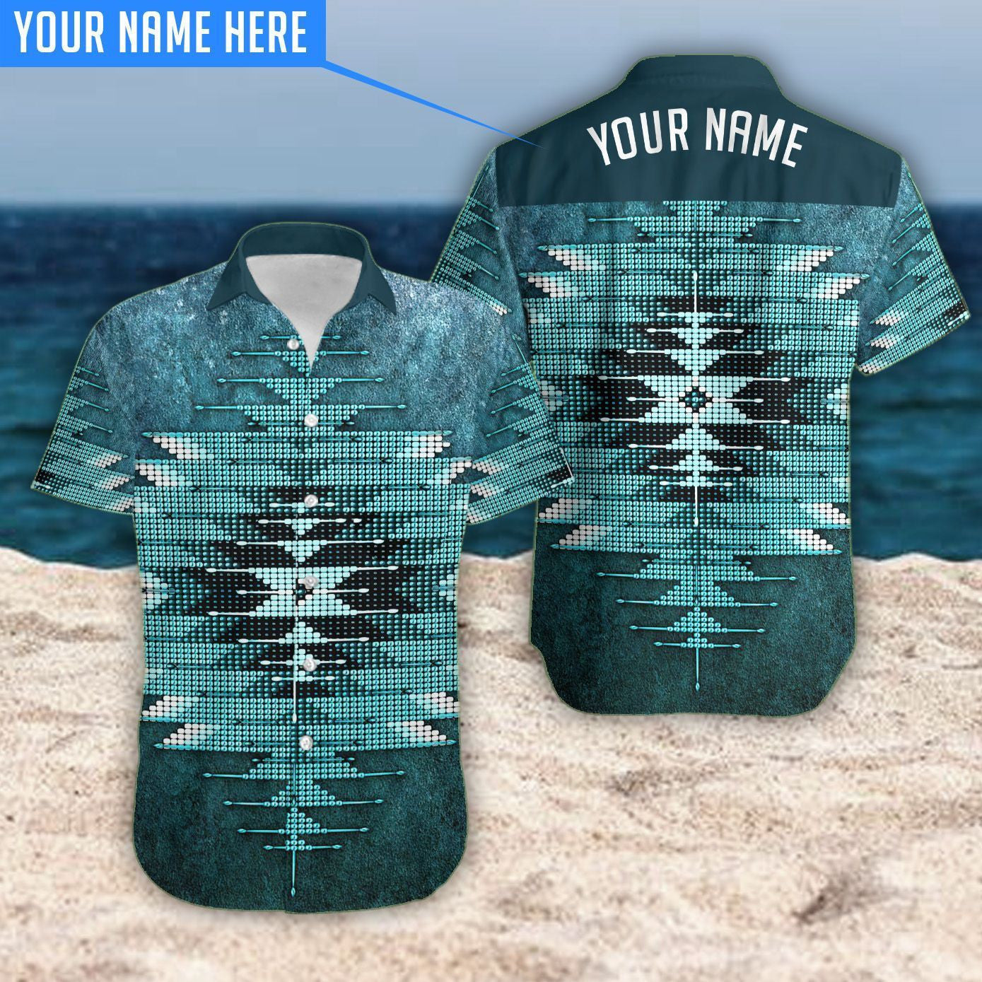 Turquoise Triangle Design Custom Name Hawaiian Shirt, Hawaiian For Gift
