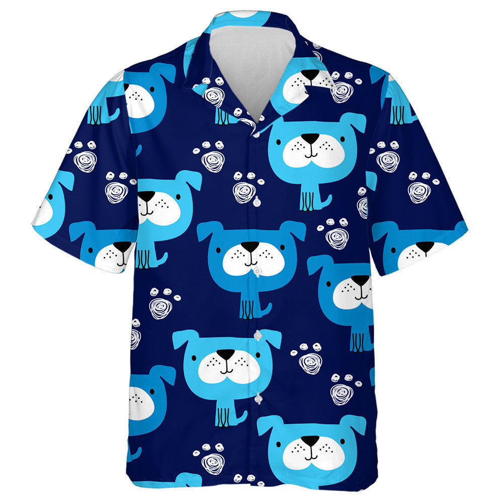 Cute Cartoon Blue Dog On Navy Background Hawaiian Shirt, Hawaiian Shirt Gift, Christmas Gift