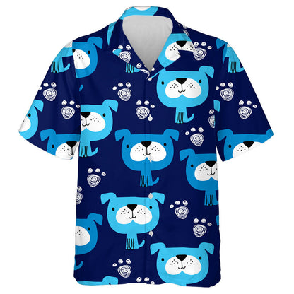 Cute Cartoon Blue Dog On Navy Background Hawaiian Shirt, Hawaiian Shirt Gift, Christmas Gift