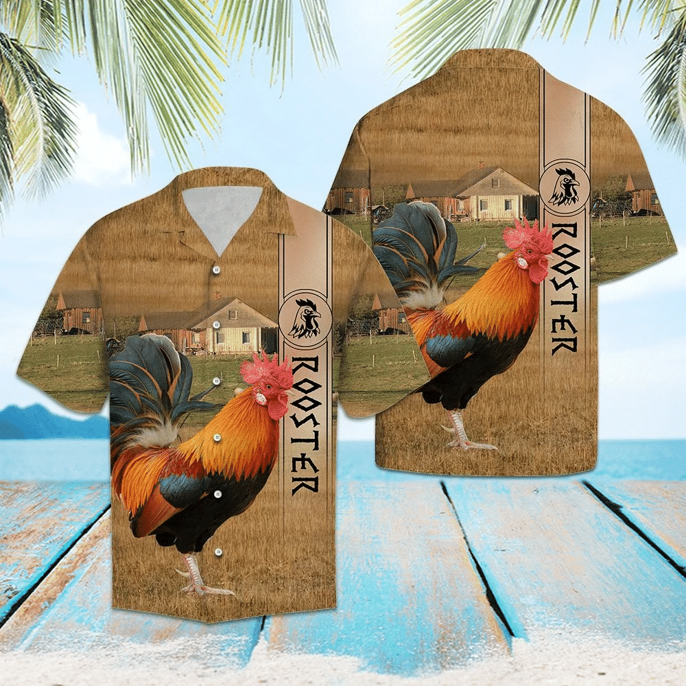 Rooster On Field Farm Idyllic Landscape Hawaiian Shirt,Hawaiian Shirt Gift, Christmas Gift