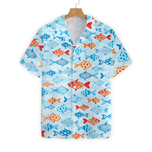 Hand Drawn Colored Fish Water Pattern Design Hawaiian Shirt, Hawaiian Shirt Gift, Christmas Gift
