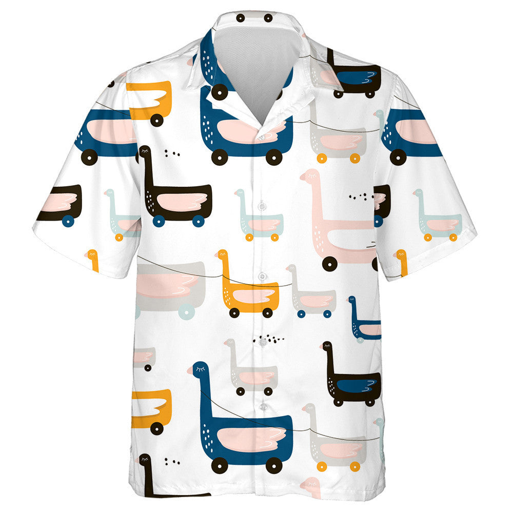 Hand Drawn Cute Duck On Wheels Hawaiian Shirt, Hawaiian For Gift