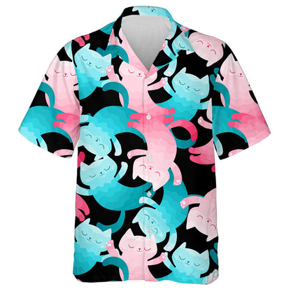 Cute Cartoon Animal Pink And Bkue Cat Hawaiian Shirt, Hawaiian Shirt Gift, Christmas Gift