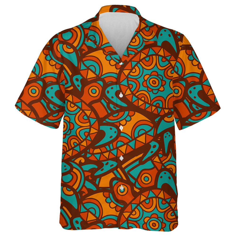 Hand Drawn Tribal Blue And Orange Background Hawaiian Shirt, Hawaiian Shirt Gift, Christmas Gift