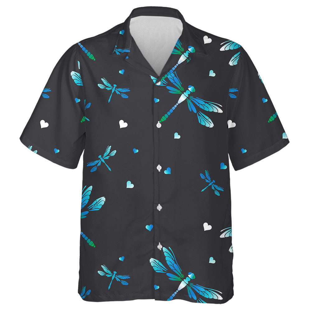 Bright Blue Flying Dragonfly And Heart Hawaiian Shirt, Hawaiian For Gift