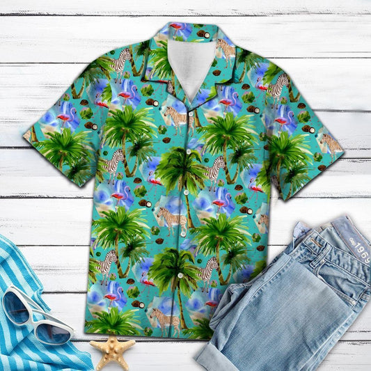 Flamingo And Zebra In Jungle Hawaiian Shirt,Hawaiian Shirt Gift, Christmas Gift