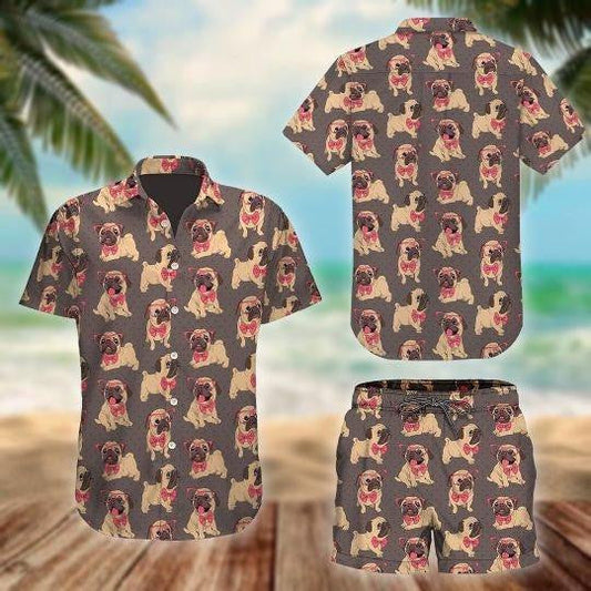 Madra Pug gleoite Ar Chúlra Liath Dearadh Léine Haváís, Bronntanas Léine Haváíais, Bronntanas Nollag