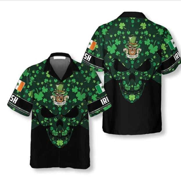 St Patrick’s Day Skull Leprechaun Clovers Shamrock Hawaiian Shirt, Hawaiian Shirt Gift, Christmas Gift