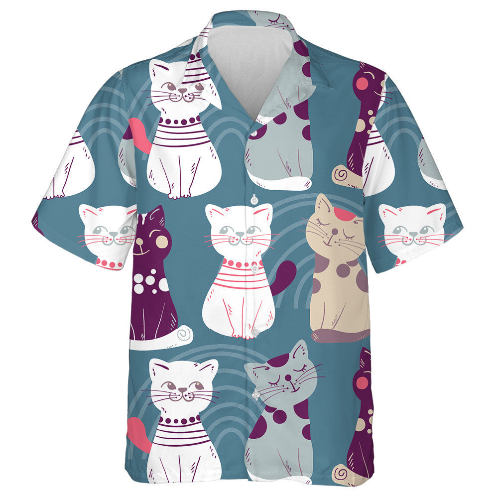 Cute Cats With Doodle Elements On Blue Hawaiian Shirt, Hawaiian Shirt Gift, Christmas Gift