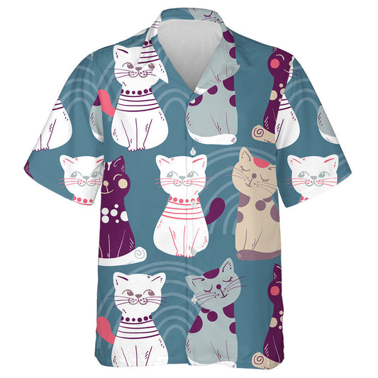 Cute Cats With Doodle Elements On Blue Hawaiian Shirt, Hawaiian Shirt Gift, Christmas Gift