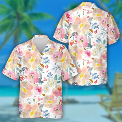 Patrún Bláthanna Rómánsacha Uiscedhath Ar Chúlra Bán Dearadh Léine Haváís, Bronntanas Léine Haváíais, Bronntanas Nollag